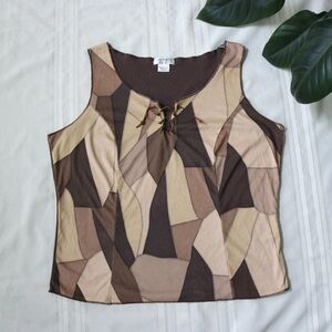 Brown and tan patchwork tanktop with tie in the middle